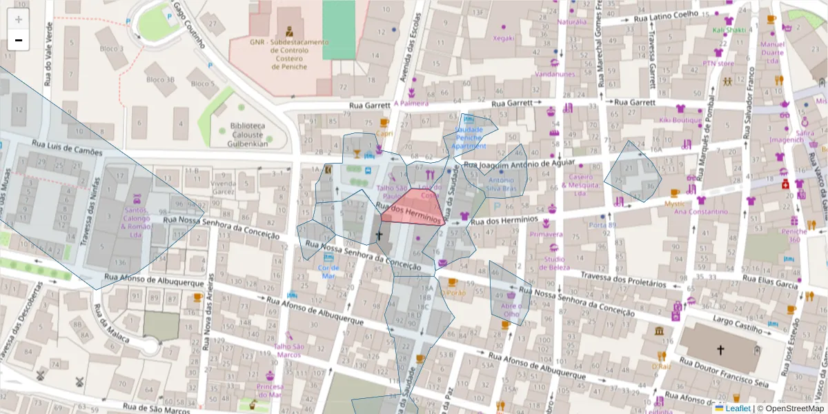 Mapa detalhado do código postal 2520-421 com limites, códigos postais vizinhos e agências dos correios