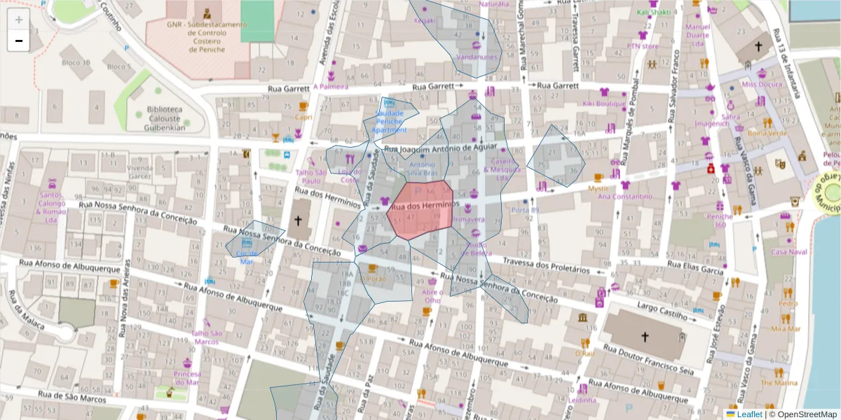 Mapa detalhado do código postal 2520-422 com limites, códigos postais vizinhos e agências dos correios