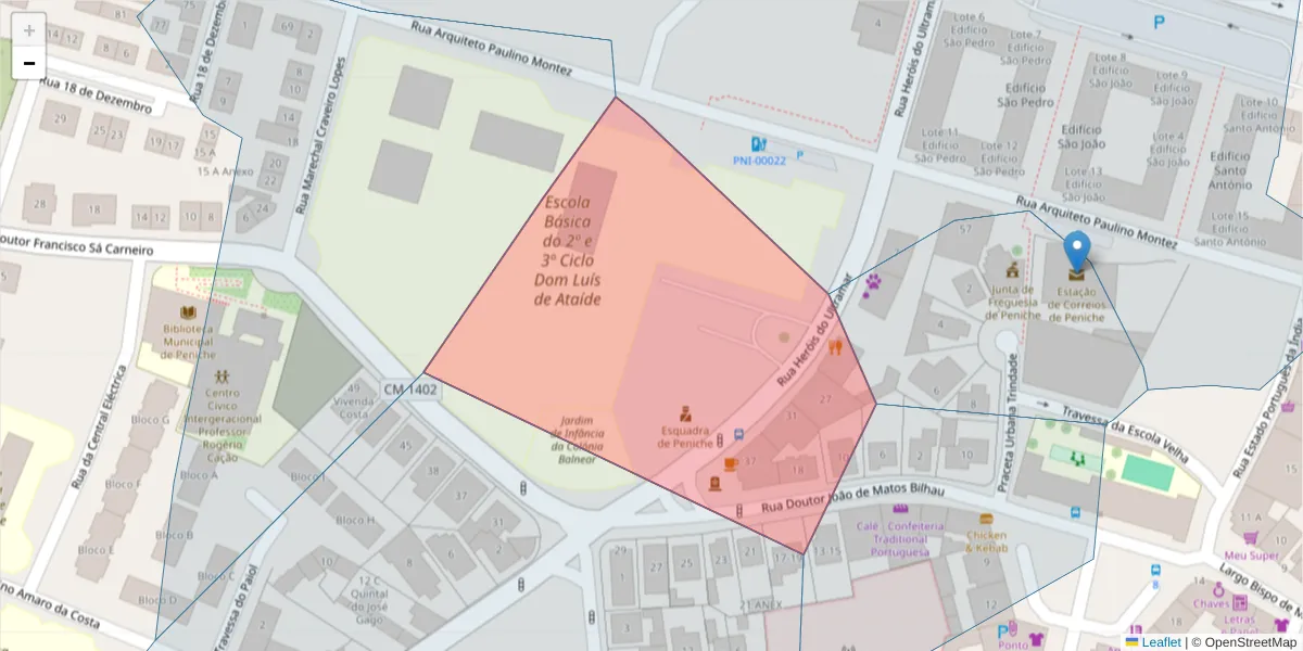 Mapa detalhado do código postal 2520-423 com limites, códigos postais vizinhos e agências dos correios