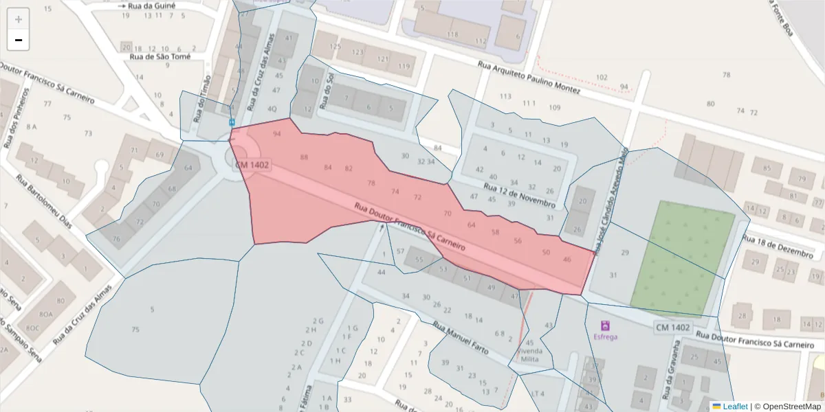 Mapa detalhado do código postal 2520-429 com limites, códigos postais vizinhos e agências dos correios