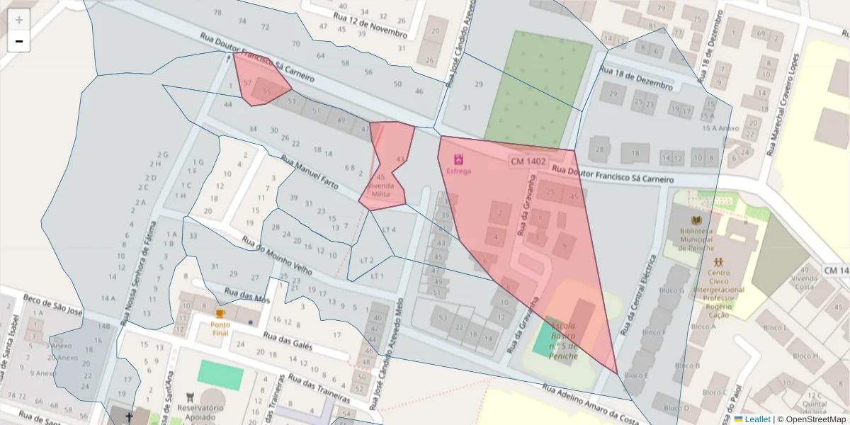 Mapa detalhado do código postal 2520-430 com limites, códigos postais vizinhos e agências dos correios