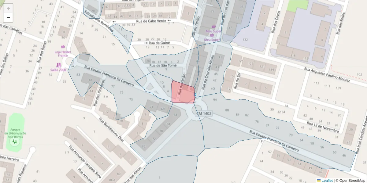Mapa detalhado do código postal 2520-431 com limites, códigos postais vizinhos e agências dos correios