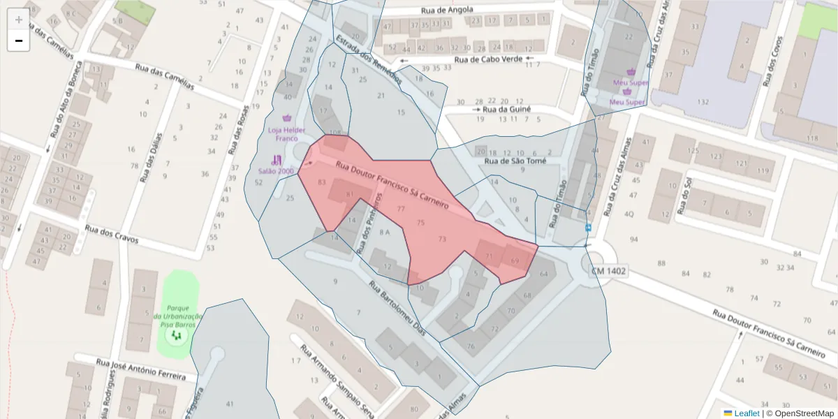 Mapa detalhado do código postal 2520-432 com limites, códigos postais vizinhos e agências dos correios