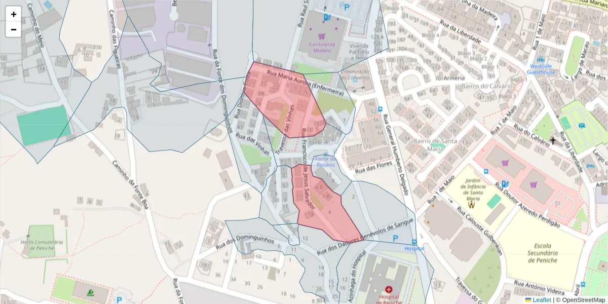 Mapa detalhado do código postal 2520-438 com limites, códigos postais vizinhos e agências dos correios
