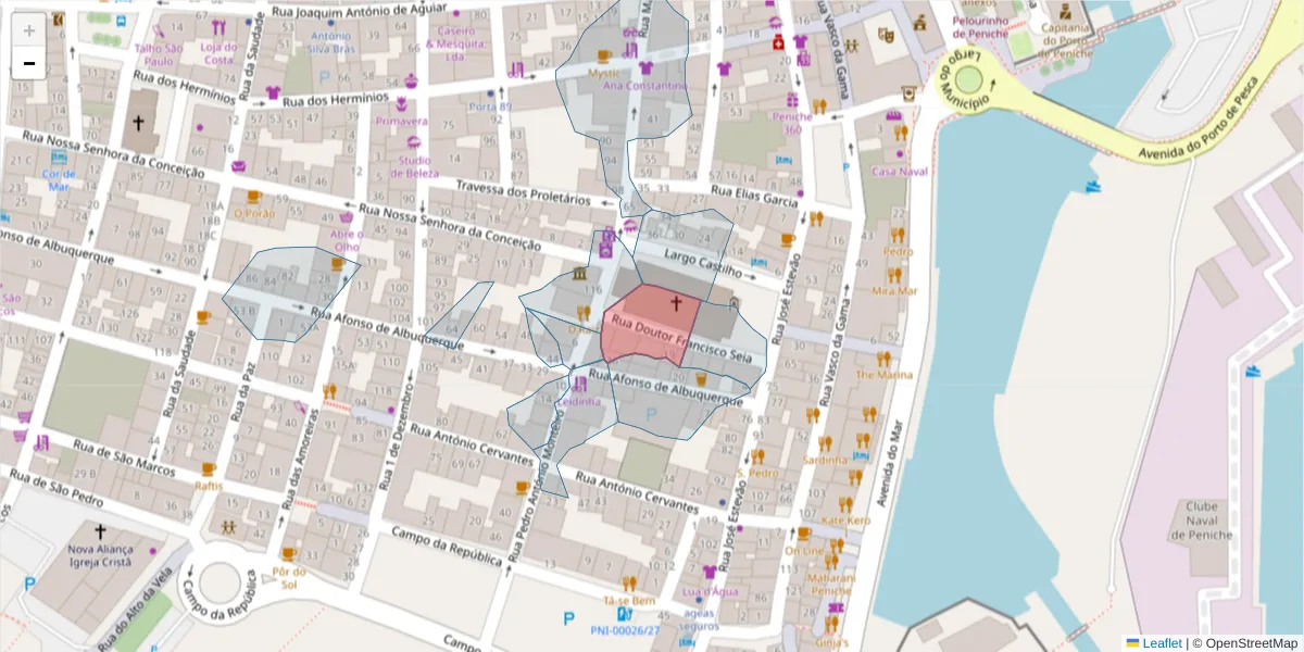 Mapa detalhado do código postal 2520-439 com limites, códigos postais vizinhos e agências dos correios