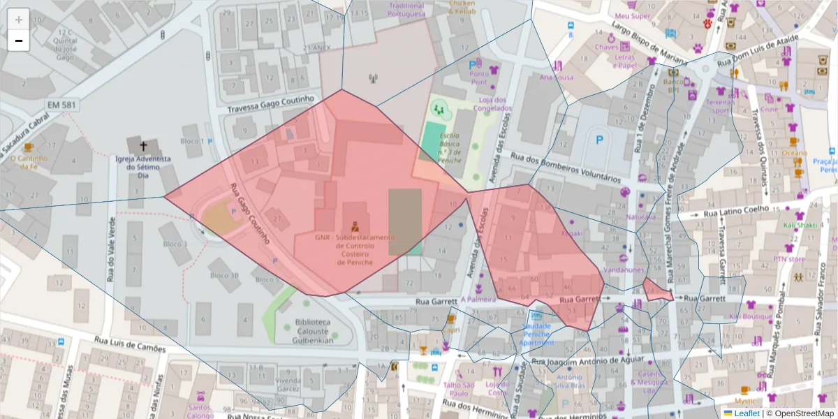 Mapa detalhado do código postal 2520-443 com limites, códigos postais vizinhos e agências dos correios