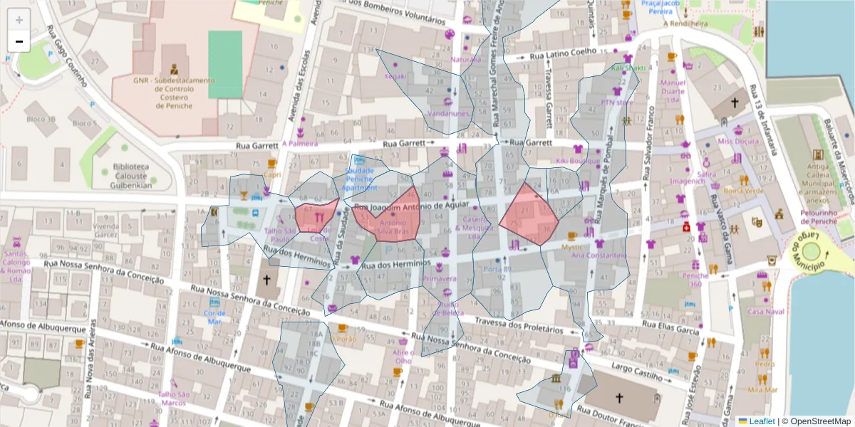 Mapa detalhado do código postal 2520-458 com limites, códigos postais vizinhos e agências dos correios