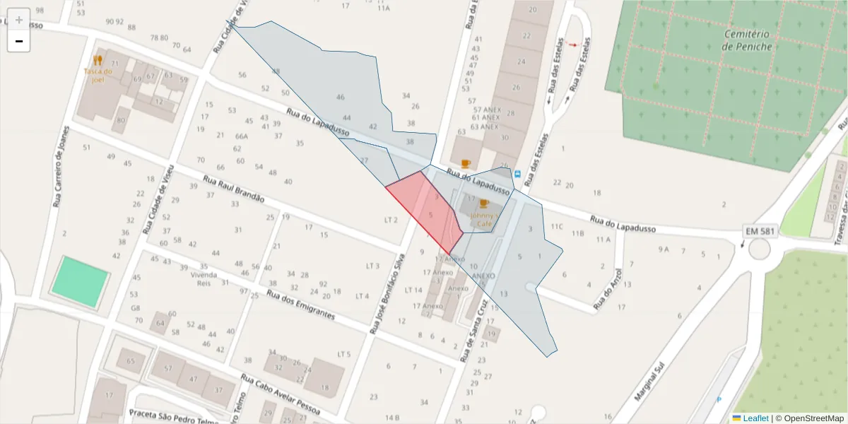 Mapa detalhado do código postal 2520-459 com limites, códigos postais vizinhos e agências dos correios