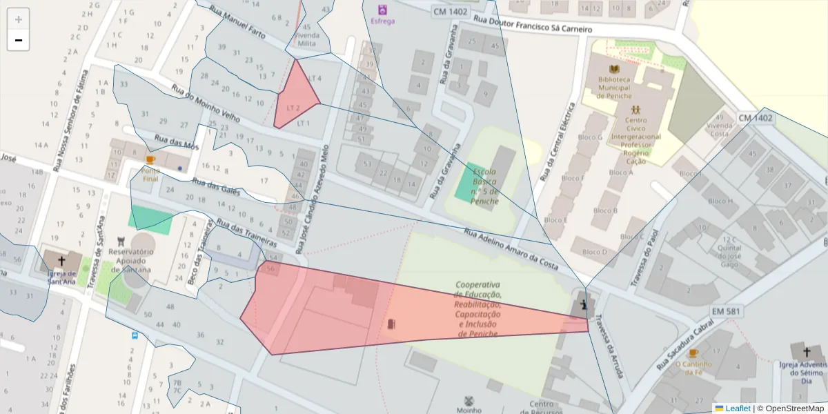 Mapa detalhado do código postal 2520-460 com limites, códigos postais vizinhos e agências dos correios