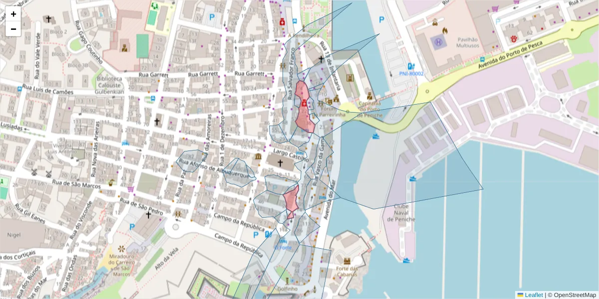 Mapa detalhado do código postal 2520-466 com limites, códigos postais vizinhos e agências dos correios