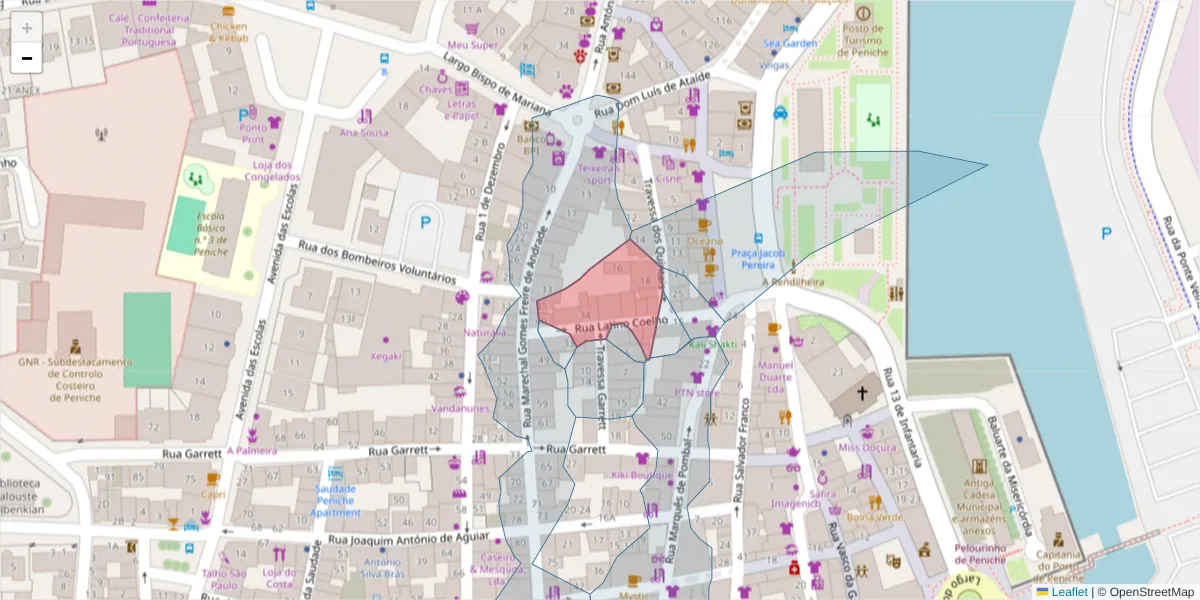 Mapa detalhado do código postal 2520-470 com limites, códigos postais vizinhos e agências dos correios