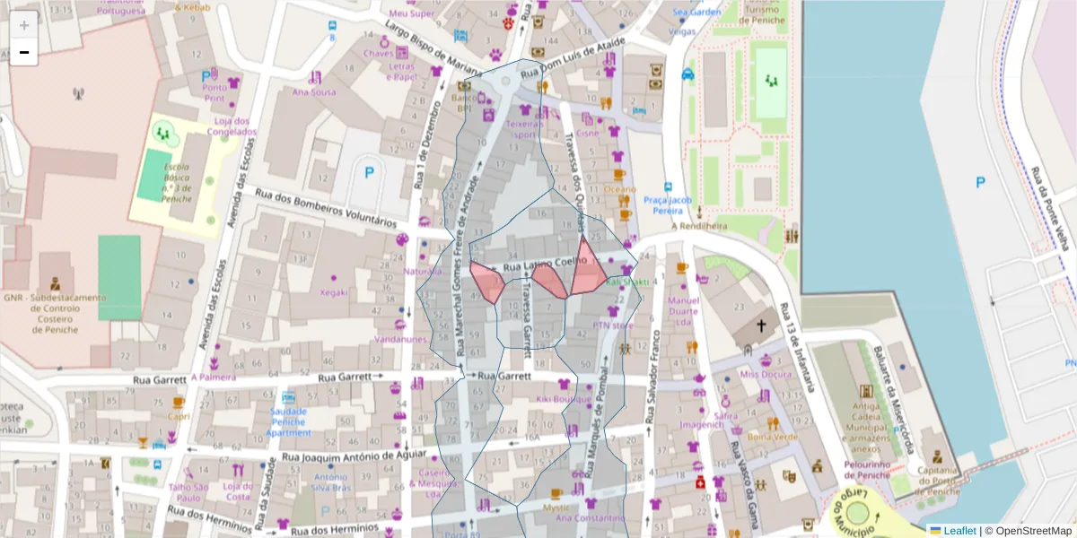 Mapa detalhado do código postal 2520-471 com limites, códigos postais vizinhos e agências dos correios