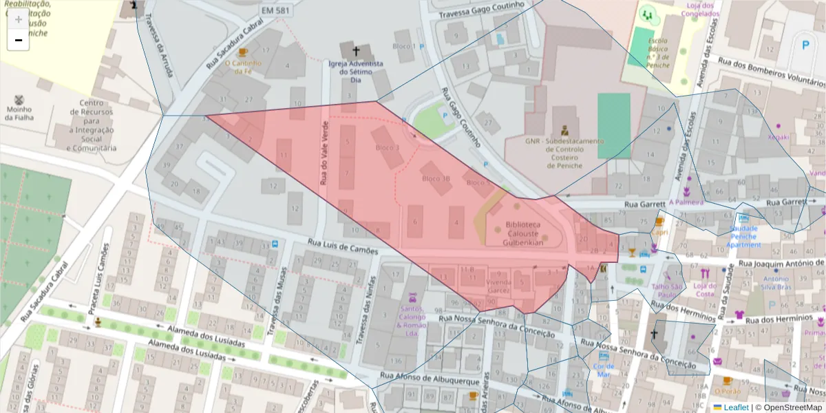 Mapa detalhado do código postal 2520-472 com limites, códigos postais vizinhos e agências dos correios