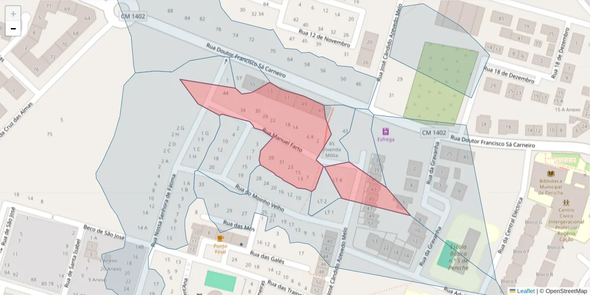 Mapa detalhado do código postal 2520-473 com limites, códigos postais vizinhos e agências dos correios