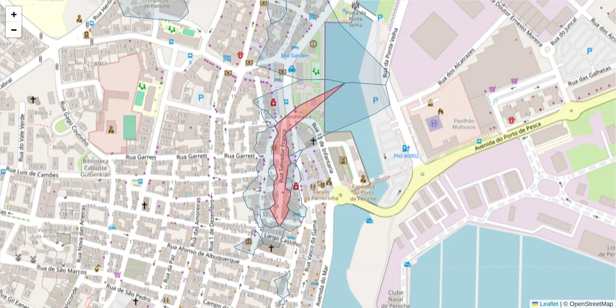Mapa detalhado do código postal 2520-489 com limites, códigos postais vizinhos e agências dos correios