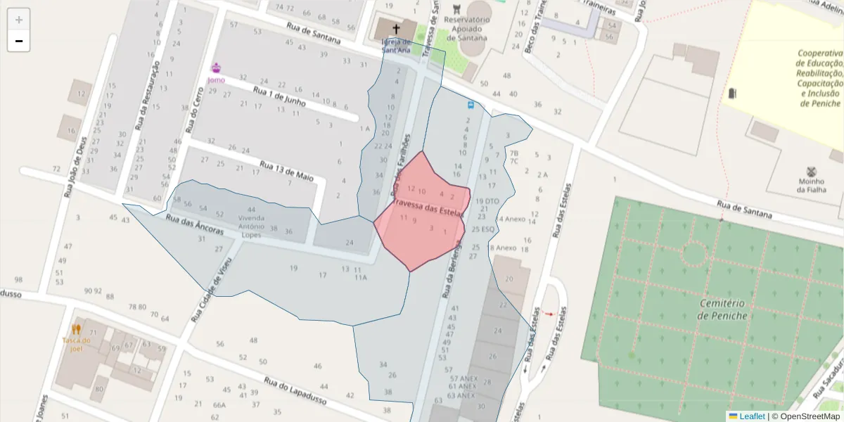 Mapa detalhado do código postal 2520-512 com limites, códigos postais vizinhos e agências dos correios
