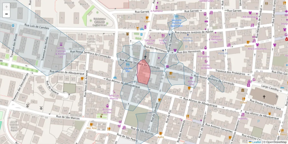 Mapa detalhado do código postal 2520-520 com limites, códigos postais vizinhos e agências dos correios