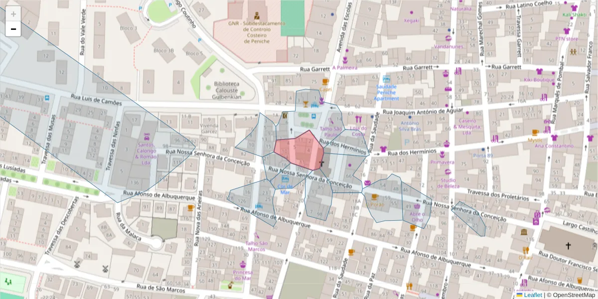 Mapa detalhado do código postal 2520-524 com limites, códigos postais vizinhos e agências dos correios
