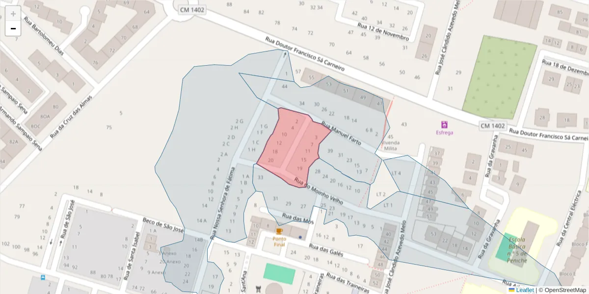 Mapa detalhado do código postal 2520-532 com limites, códigos postais vizinhos e agências dos correios