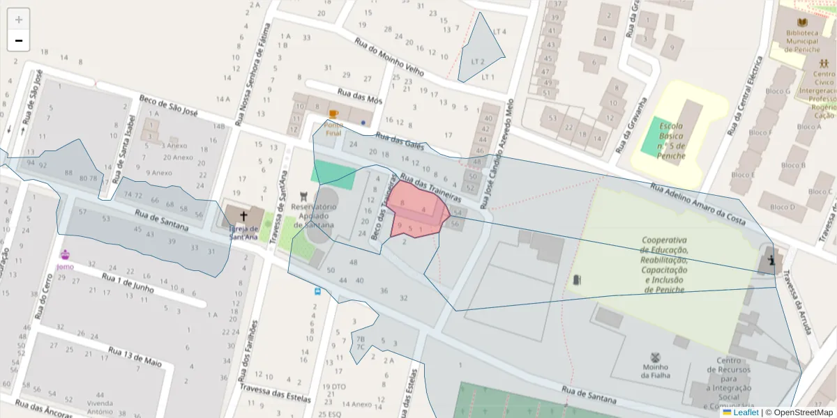 Mapa detalhado do código postal 2520-552 com limites, códigos postais vizinhos e agências dos correios
