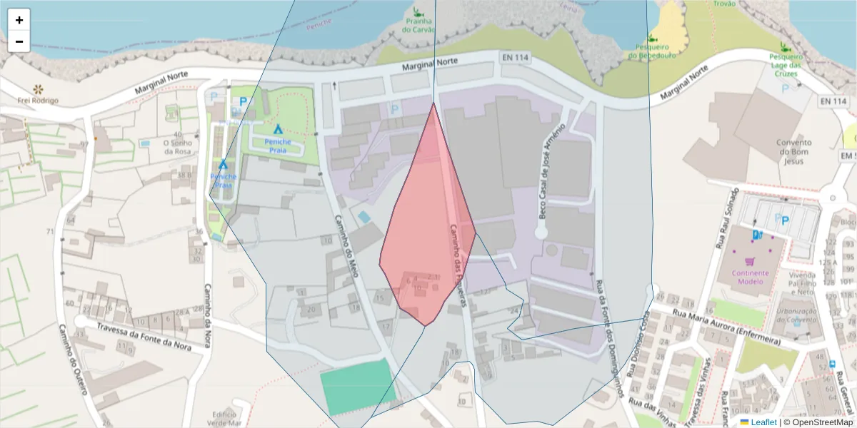 Mapa detalhado do código postal 2520-611 com limites, códigos postais vizinhos e agências dos correios