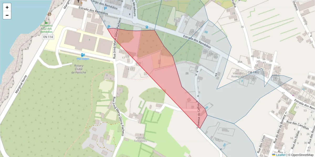 Mapa detalhado do código postal 2520-614 com limites, códigos postais vizinhos e agências dos correios