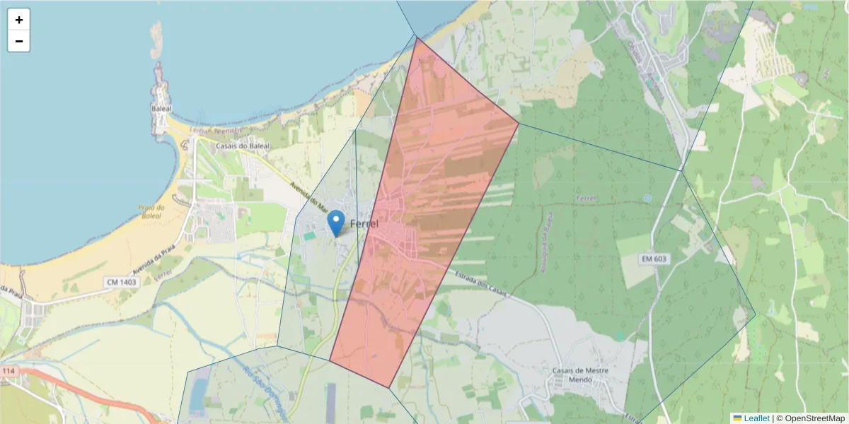Mapa detalhado do código postal 2520- com limites, códigos postais vizinhos e agências dos correios