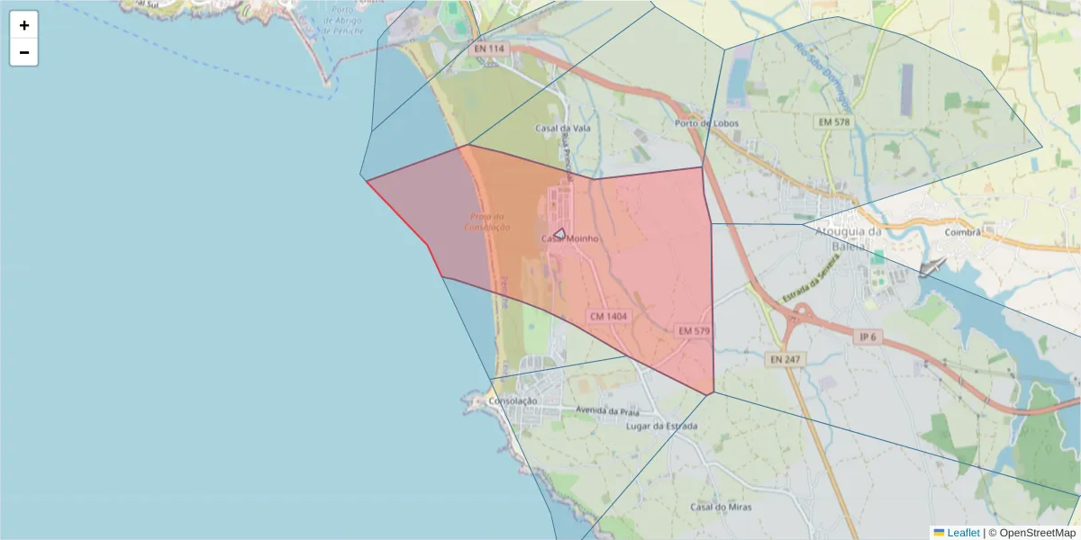 Mapa detalhado do código postal 2525-351 com limites, códigos postais vizinhos e agências dos correios