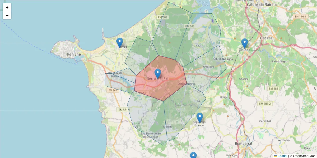 Mapa detalhado do código postal 2525-801 com limites, códigos postais vizinhos e agências dos correios