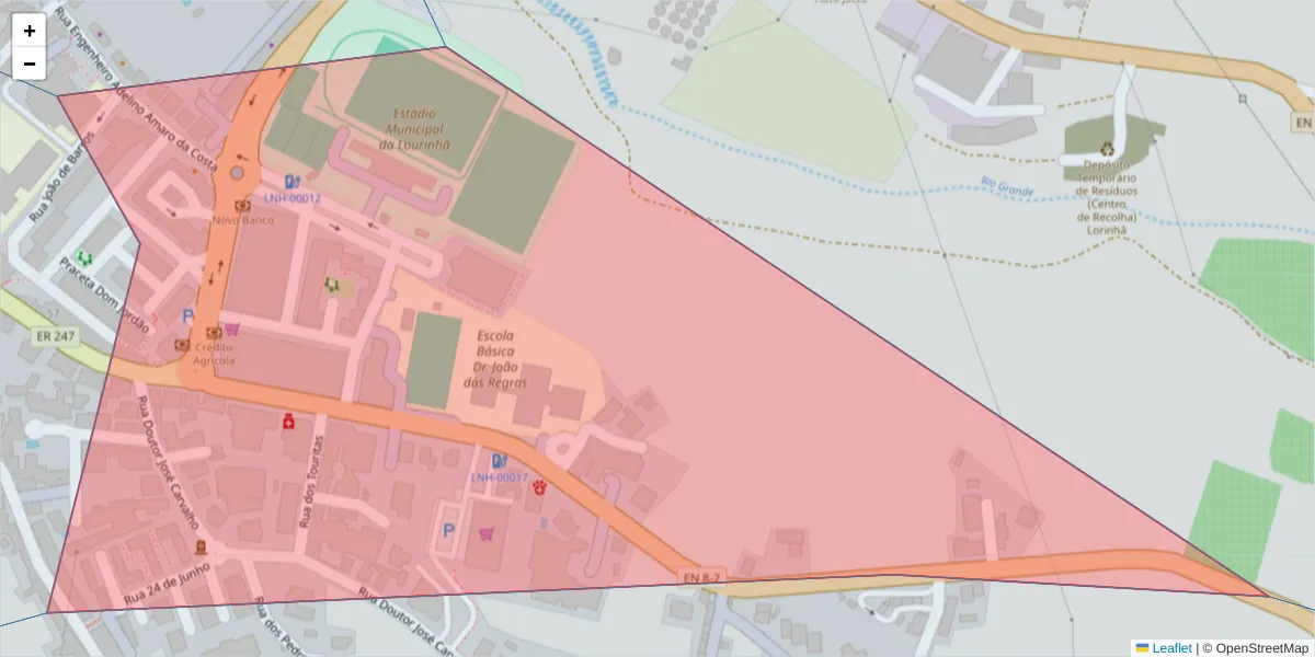 Mapa detalhado do código postal 2530-108 com limites, códigos postais vizinhos e agências dos correios