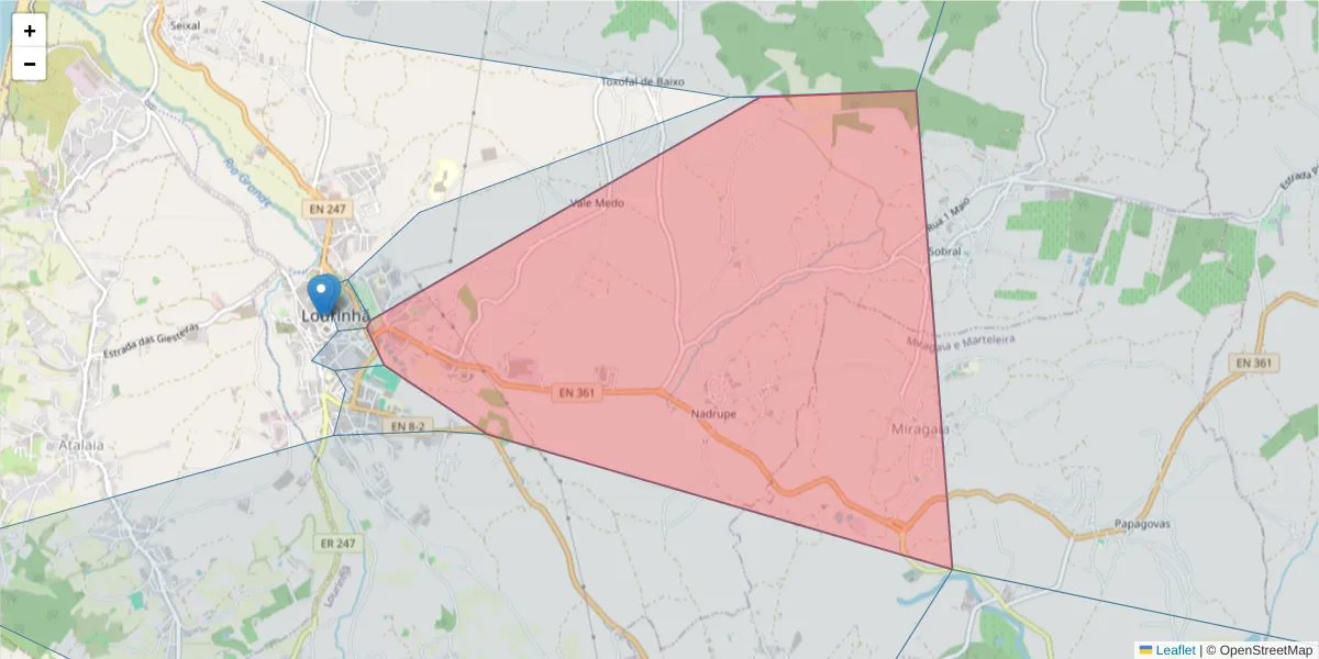 Mapa detalhado do código postal 2530-111 com limites, códigos postais vizinhos e agências dos correios