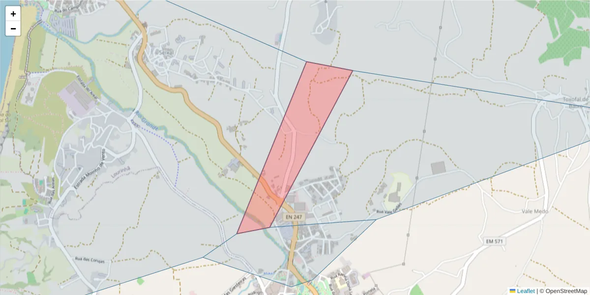 Mapa detalhado do código postal 2530-246 com limites, códigos postais vizinhos e agências dos correios
