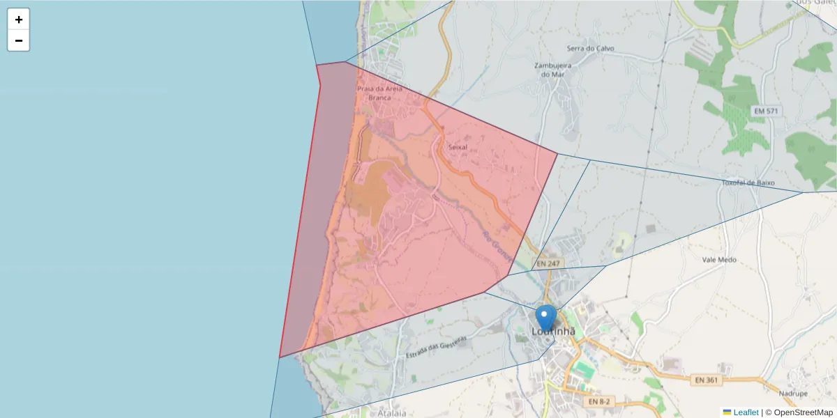 Mapa detalhado do código postal 2530-249 com limites, códigos postais vizinhos e agências dos correios