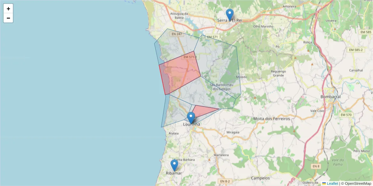 Mapa detalhado do código postal 2530-320 com limites, códigos postais vizinhos e agências dos correios