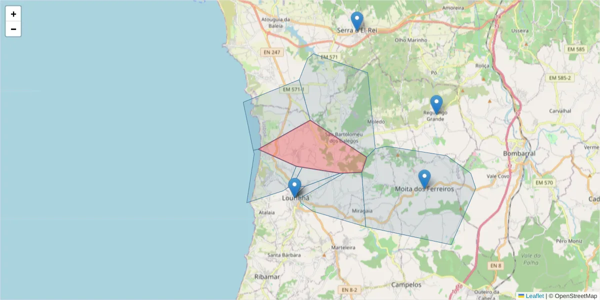 Mapa detalhado do código postal 2530-323 com limites, códigos postais vizinhos e agências dos correios