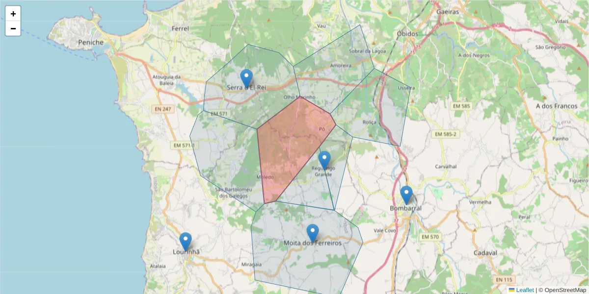 Mapa detalhado do código postal 2530-573 com limites, códigos postais vizinhos e agências dos correios