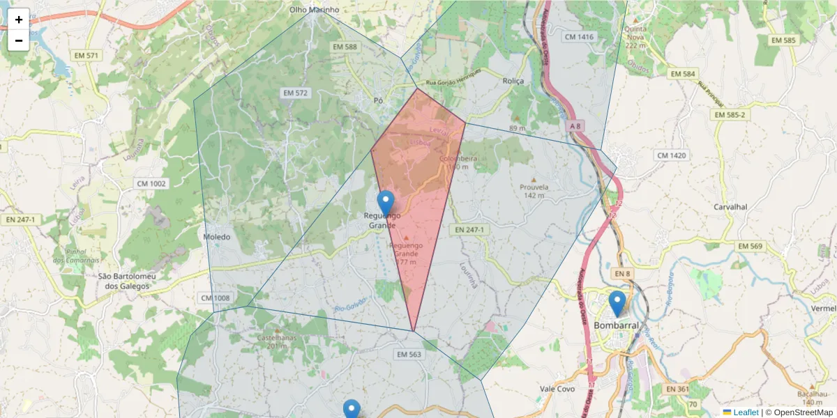 Mapa detalhado do código postal 2530-602 com limites, códigos postais vizinhos e agências dos correios