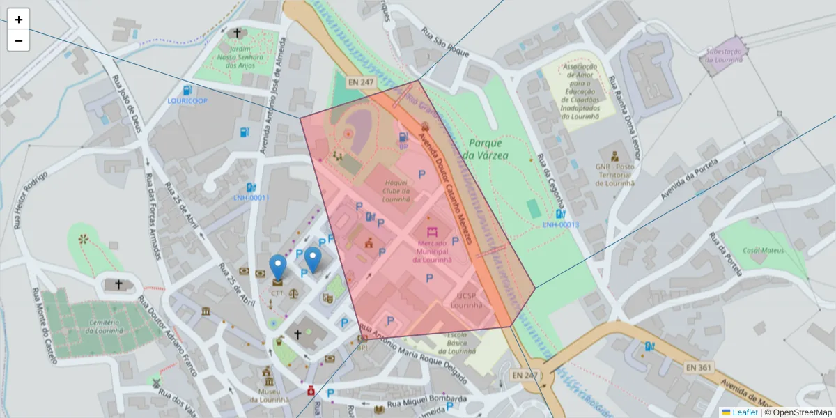 Mapa detalhado do código postal 2530-92 com limites, códigos postais vizinhos e agências dos correios