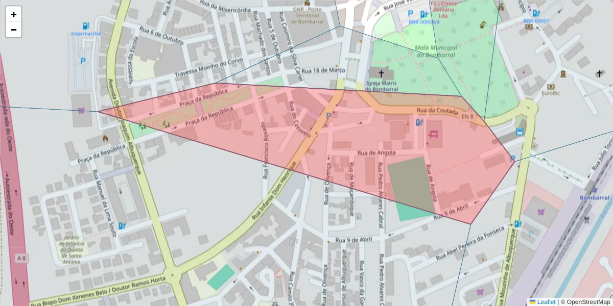 Mapa detalhado do código postal 2540-031 com limites, códigos postais vizinhos e agências dos correios