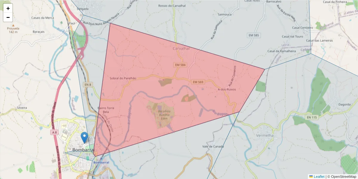 Mapa detalhado do código postal 2540-046 com limites, códigos postais vizinhos e agências dos correios