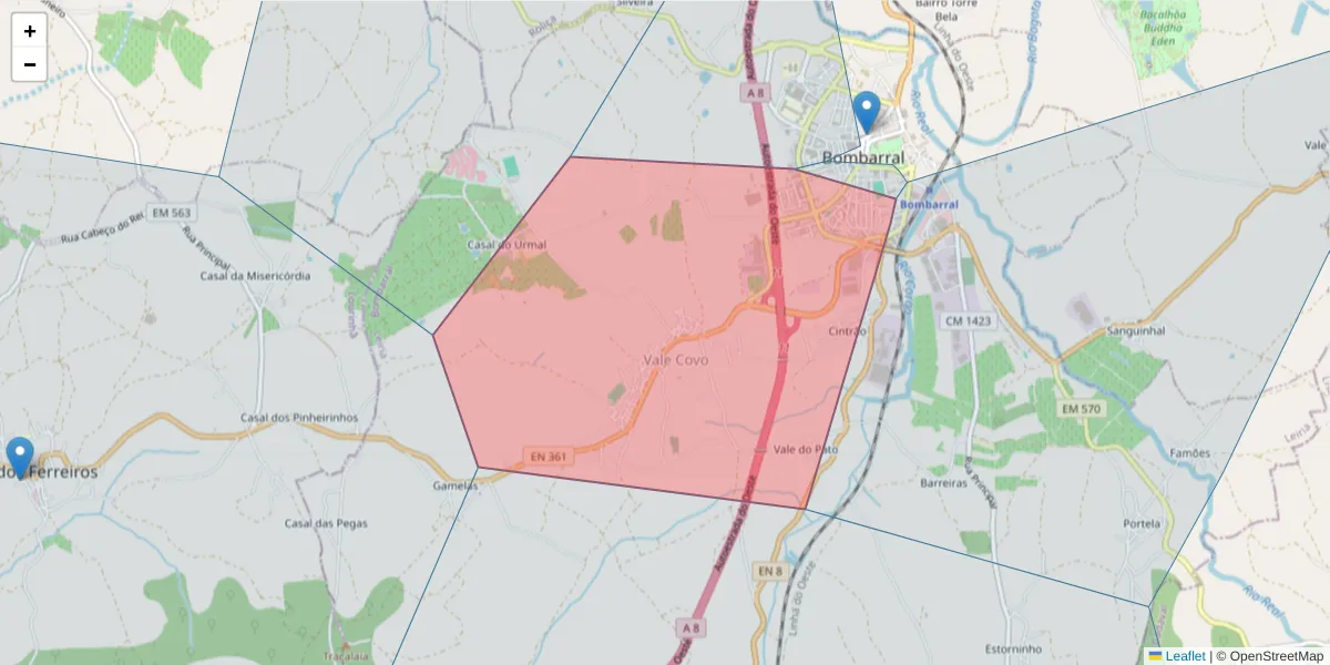 Mapa detalhado do código postal 2540-069 com limites, códigos postais vizinhos e agências dos correios