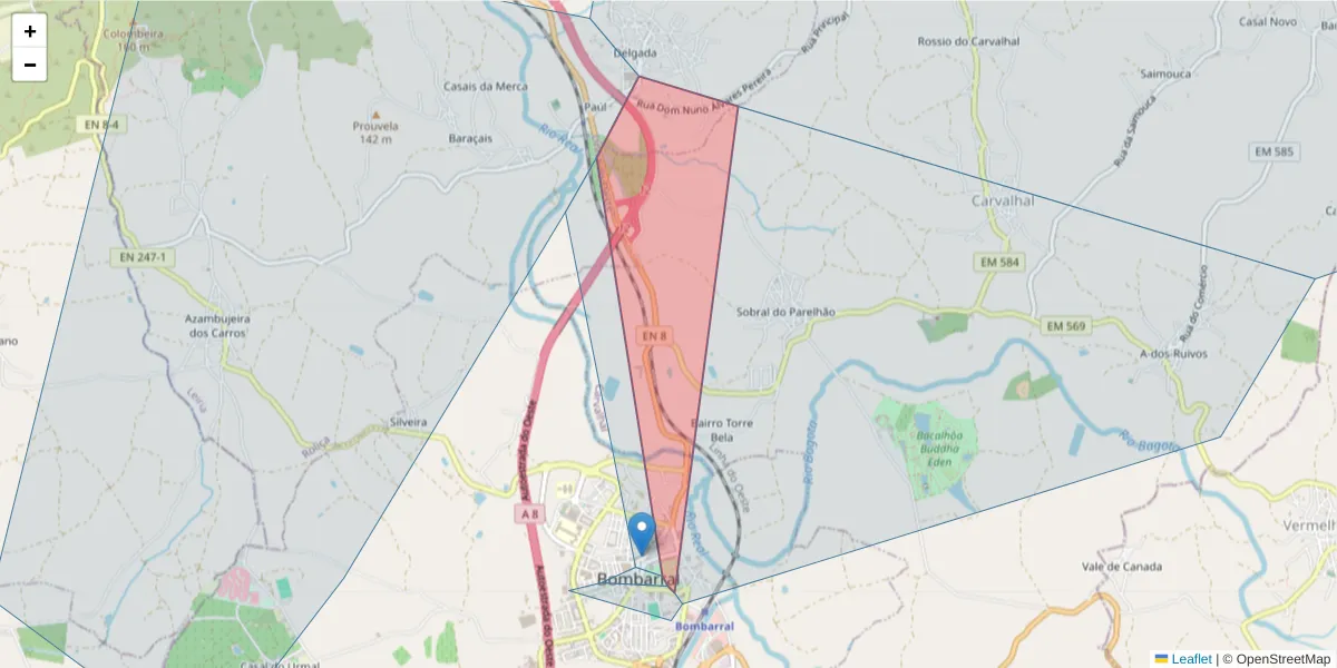 Mapa detalhado do código postal 2540-086 com limites, códigos postais vizinhos e agências dos correios