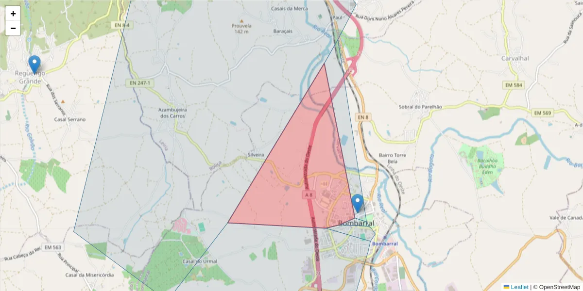 Mapa detalhado do código postal 2540-123 com limites, códigos postais vizinhos e agências dos correios