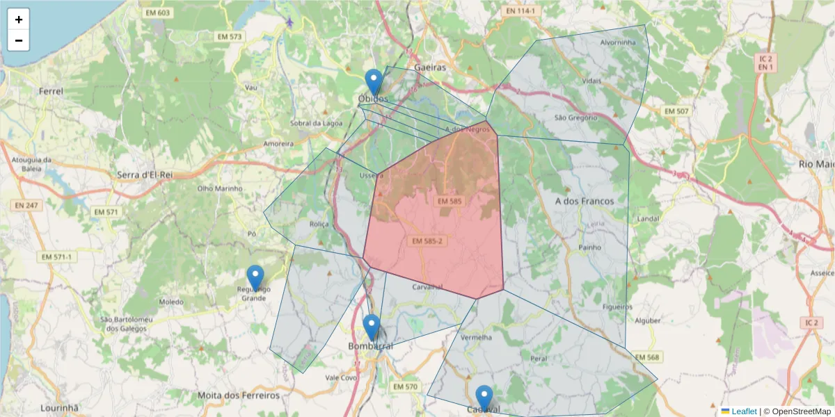 Mapa detalhado do código postal 2540-364 com limites, códigos postais vizinhos e agências dos correios