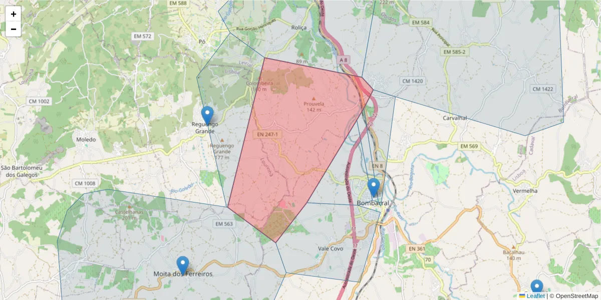 Mapa detalhado do código postal 2540 com limites, códigos postais vizinhos e agências dos correios