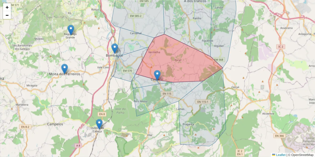 Mapa detalhado do código postal 2550-163 com limites, códigos postais vizinhos e agências dos correios