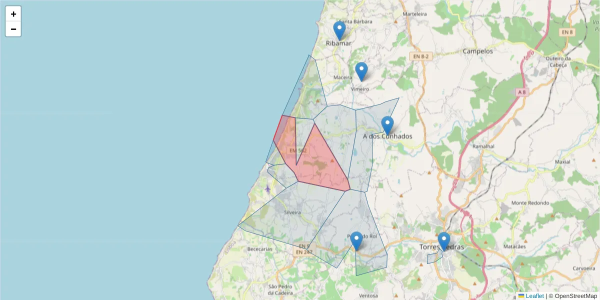 Mapa detalhado do código postal 2560-046 com limites, códigos postais vizinhos e agências dos correios