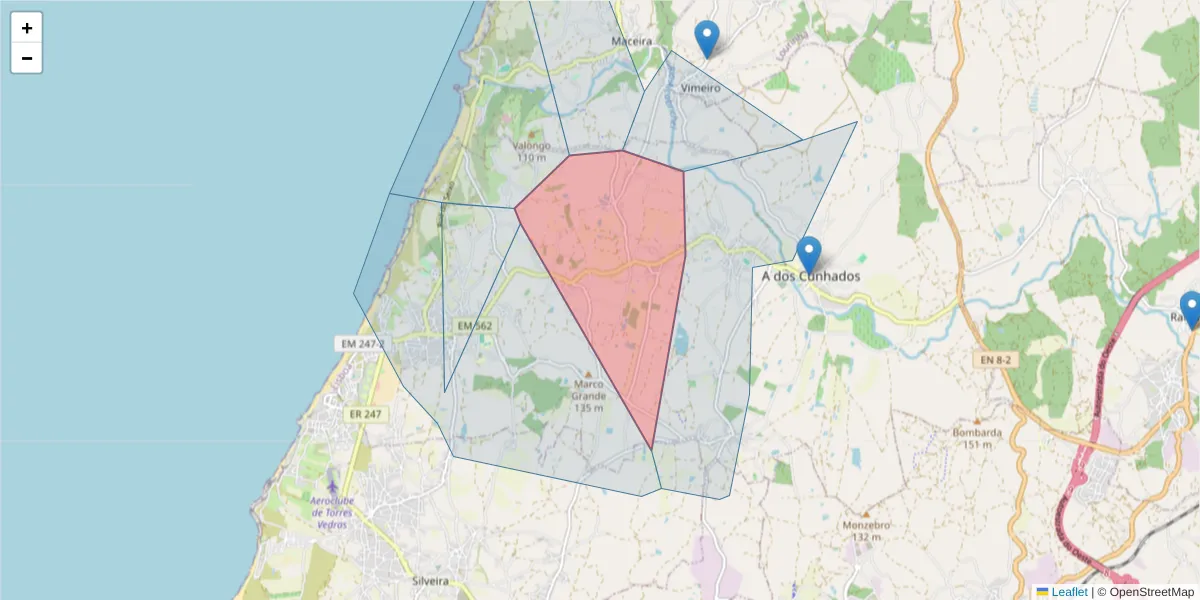 Mapa detalhado do código postal 2560-053 com limites, códigos postais vizinhos e agências dos correios
