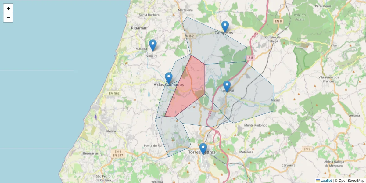 Mapa detalhado do código postal 2560-063 com limites, códigos postais vizinhos e agências dos correios