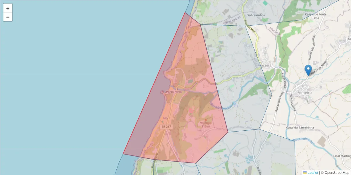 Mapa detalhado do código postal 2560-100 com limites, códigos postais vizinhos e agências dos correios